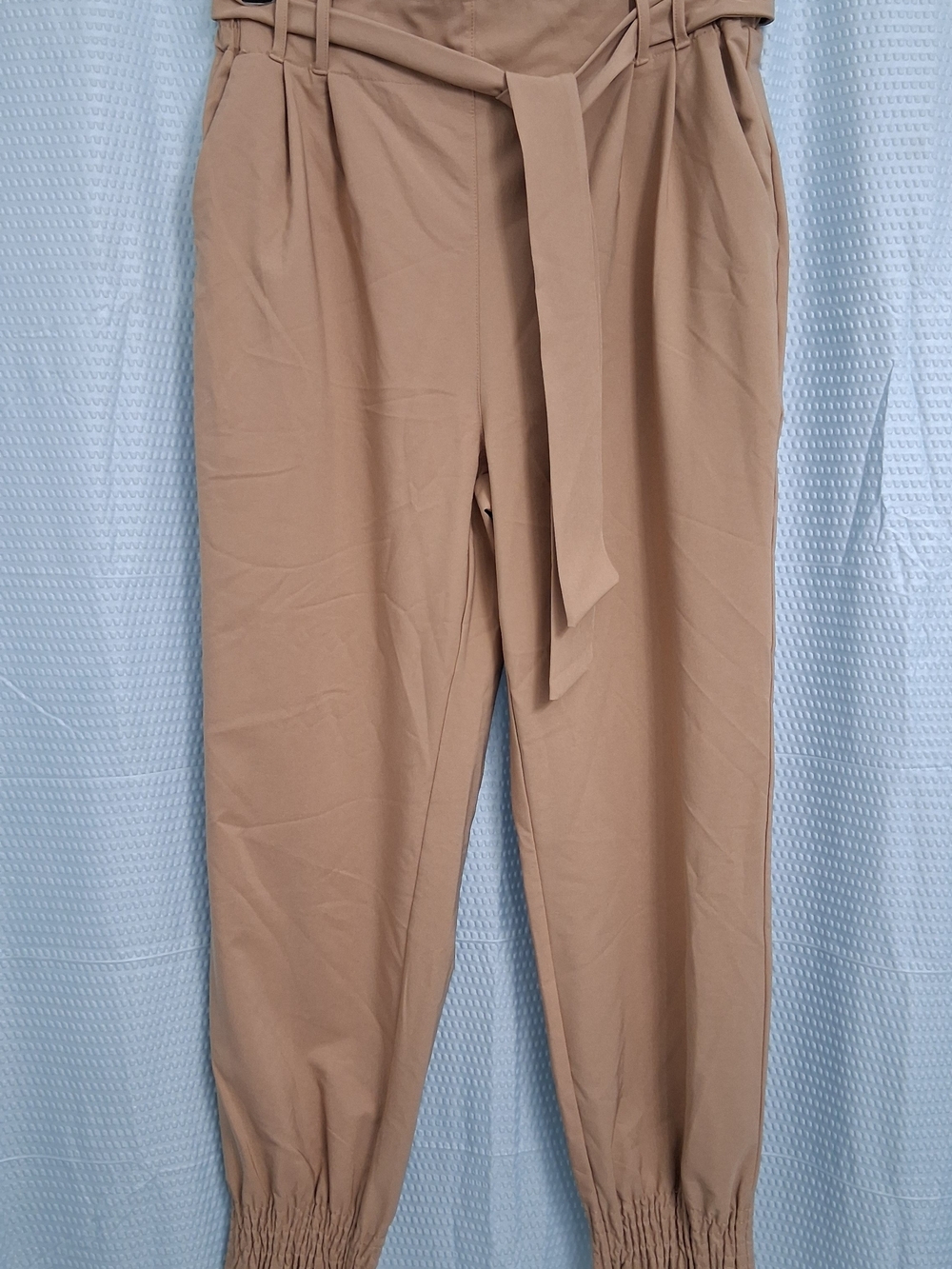 Grace Karin Tan High-Waist Paperbag Jogger Style Pants with Tie Belt And Pockets